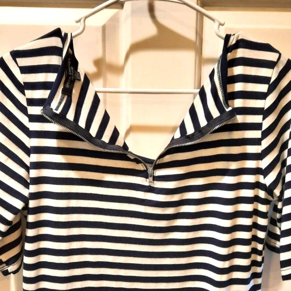 Green Envelope Shirt Womans Large Black White Stripes Back Zip Short Sleeve - Picture 6 of 8